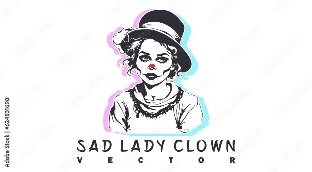 Vector graphic pensive sad lady clown in a hat and with a red nose. White isolated background.