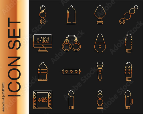 Set line Dildo vibrator, Anal plug, Sexy fluffy handcuffs, Monitor with 18 plus content, beads and icon. Vector