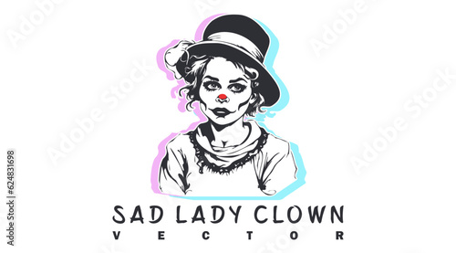 Vector graphic pensive sad lady clown in a hat and with a red nose. White isolated background.