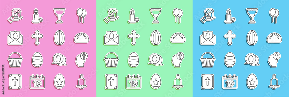 Set line Ringing bell, Human head with christian cross, Easter cake, Christian chalice, Greeting card Happy, hand and easter and egg icon. Vector Set line Ringing bell, Human head with christian cross, Easter cake, Christian chalice, Greeting card Happy, hand and easter and egg icon. Vector