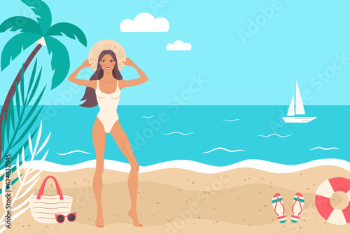 Summer tropical beach background with a beautiful woman posing in a bikini. Summer travel poster banner, vector.