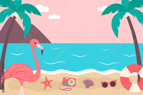 Summer tropical beach background, vector illustration. Summer travel poster banner.