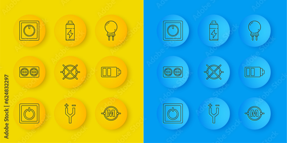 Set line Electric light switch, Electrical outlet, circuit scheme, Battery charge level indicator, Light emitting diode and icon. Vector Set line Electric light switch, Electrical outlet, circuit scheme, Battery charge level indicator, Light emitting diode and icon. Vector