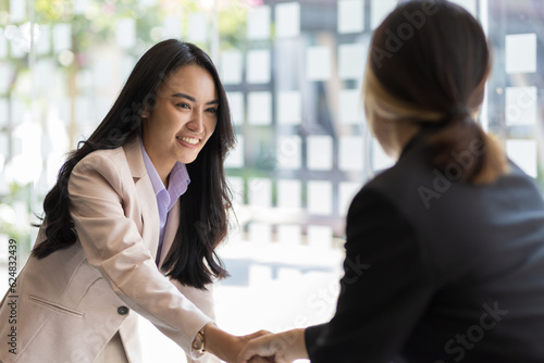 Partner, colleague, businesswoman shaking hands at business meeting, job interview.