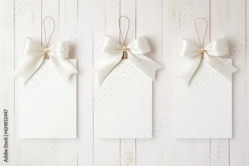 Three blank white letterhead cards with copy space with silk gift ribbon bows isolated on a light pastel background. Invitation and certificate template, top view.