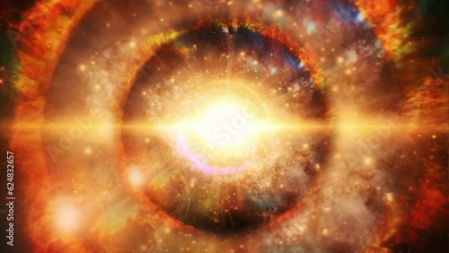 Abstract round yellow orange sphere light bright glowing from energy rays and magic waves