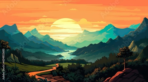 Abstract background dawn in the mountains. A captivating banner with an enchanting illustration of the serene dawn in the brightly mountainous backdrop. Generative AI.