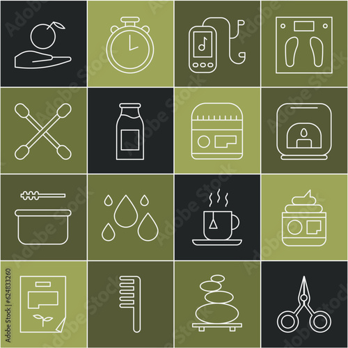 Set line Scissors, Cream lotion cosmetic tube, Aroma lamp, Music player, Bottle with milk, Cotton swab for ears, Apple in hand and icon. Vector
