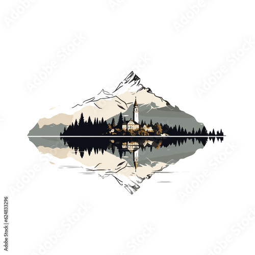 Lake Bled hand-drawn comic illustration. Lake Bled. Vector doodle style cartoon illustration