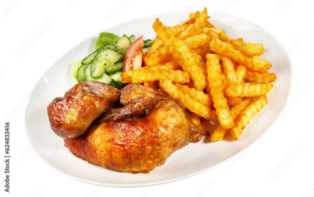 Grilled Chicken with French Fries and Salad - Transparent PNG Background Grilled Chicken with French Fries and Salad - Transparent PNG Background