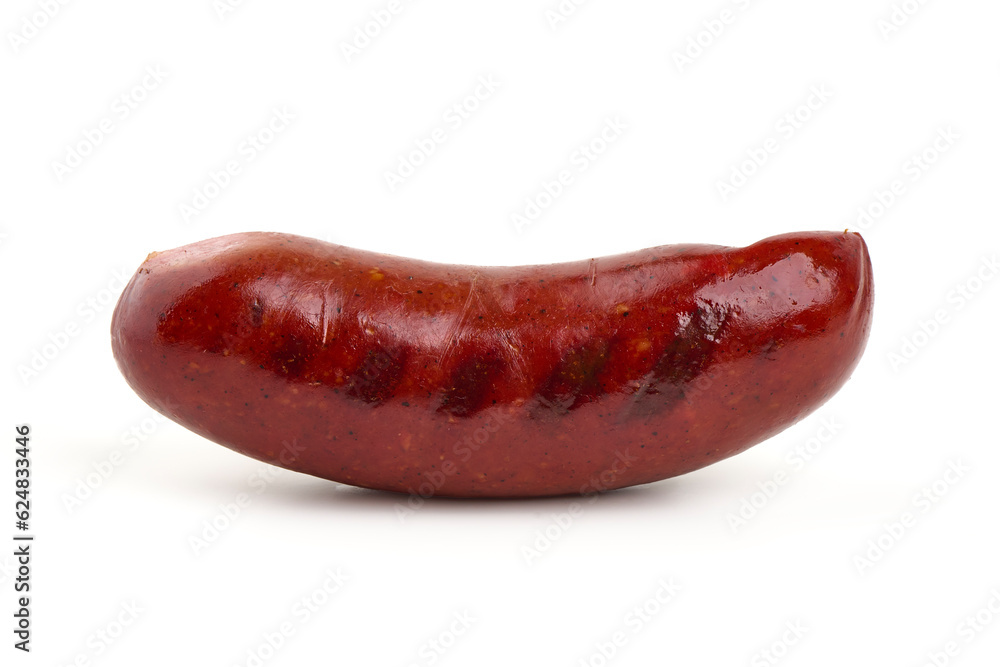 German grilled pork sausages, close-up, isolated on white background. German grilled pork sausages, close-up, isolated on white background.