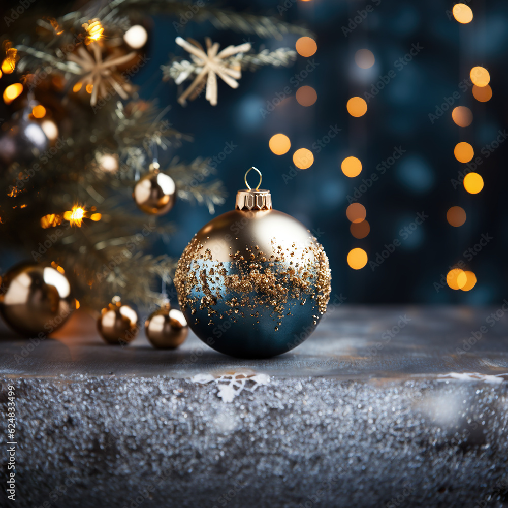 A blue and gold christmas ornament on a table. Generative AI. Christmas bauble. A blue and gold christmas ornament on a table. Generative AI. Christmas bauble.
