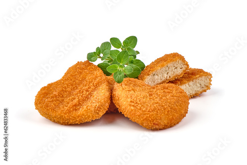 Deep fried chicken fillet in breadcrumbs, isolated on white background.