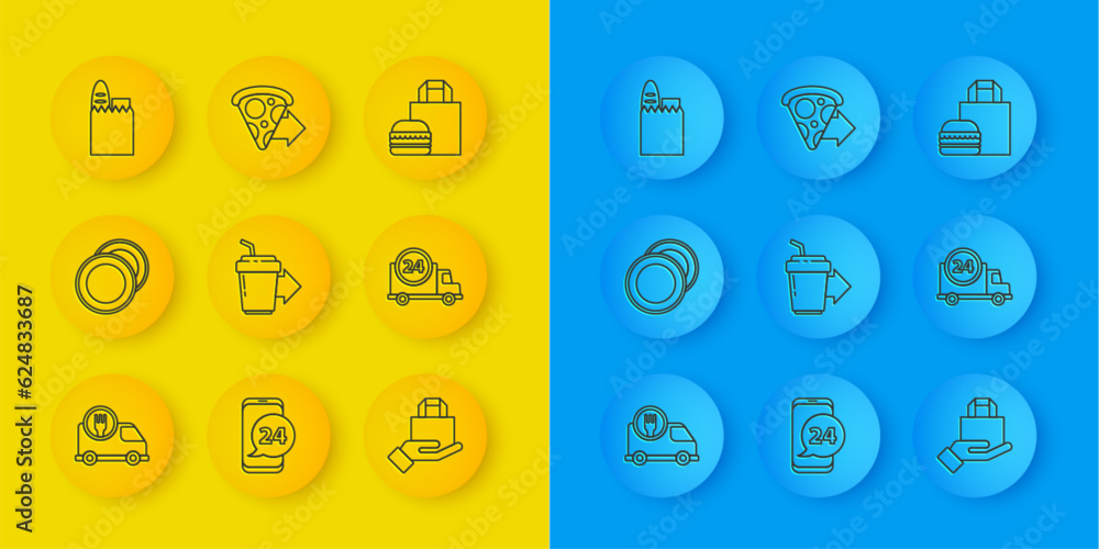 Set line Fast delivery by car, Plate, Coffee cup to go, Online ordering and, Shopping bag food, burger and pizza icon. Vector Set line Fast delivery by car, Plate, Coffee cup to go, Online ordering and, Shopping bag food, burger and pizza icon. Vector