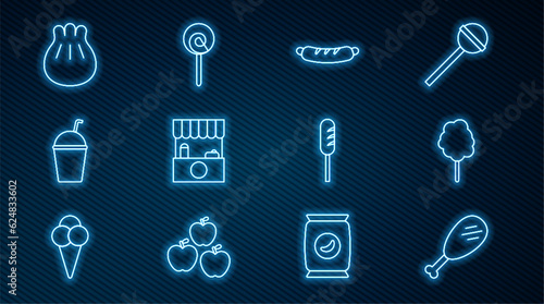 Set line Chicken leg, Cotton candy, Hotdog sandwich, Street stall with awning, Milkshake, Khinkali cutting board, Fried sausage and Lollipop icon. Vector