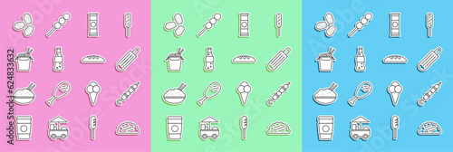 Set line Taco with tortilla, Grilled shish kebab, French hot dog, Chocolate bar, Bottle of water, Asian noodles and chopsticks, Chicken nuggets and Bread loaf icon. Vector