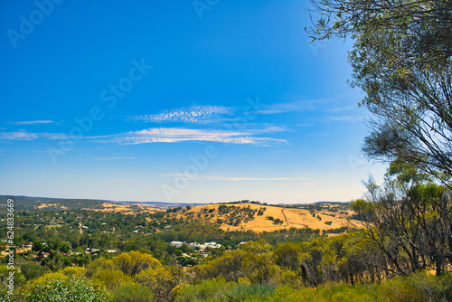 View over the leafy town of Toodyay  Western Australia  and the surrounding hill country from Pelham Reserve 