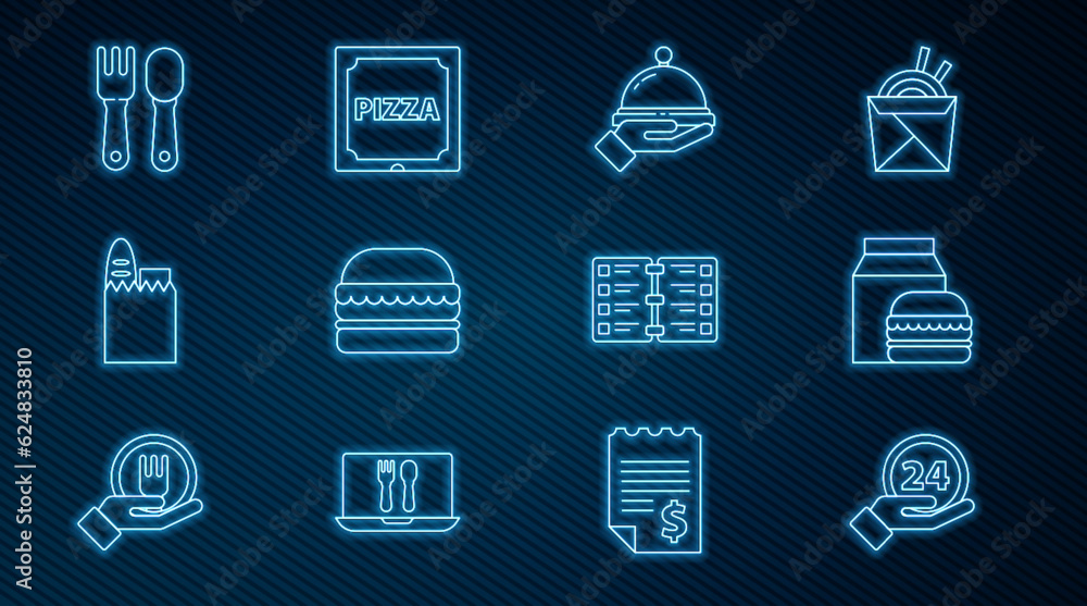 Set line Clock 24 hours, Online ordering and burger delivery, Covered with tray of food, Burger, Shopping bag, Fork spoon, Restaurant cafe menu and Pizza cardboard box icon. Vector