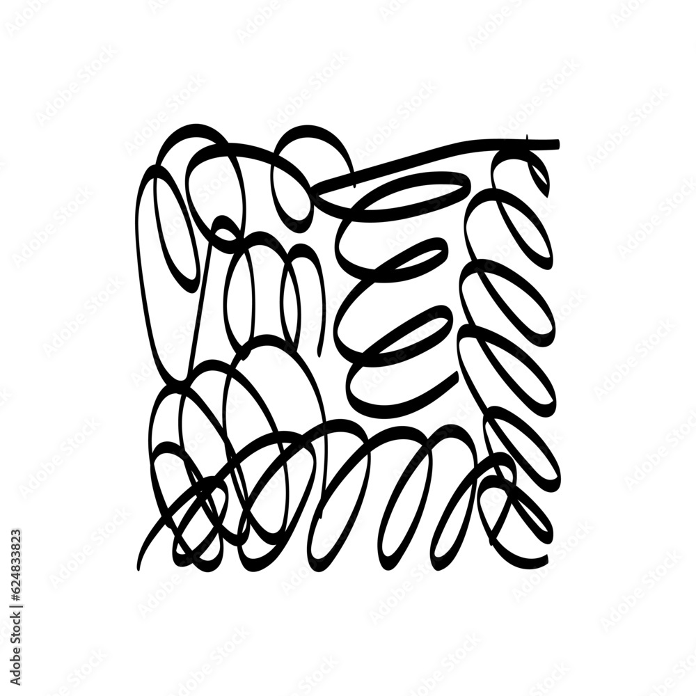 Hand drawn scribbles vector. Doodle, ink brush shapes, random chaotic lines. Charcoal pencil curly lines and squiggles, wide strokes. Black pencil sketches, drawings. Scrawl elements isolated on white