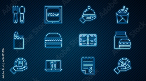 Set line Clock 24 hours, Online ordering and burger delivery, Covered with tray of food, Burger, Shopping bag, Fork spoon, Restaurant cafe menu and Pizza cardboard box icon. Vector