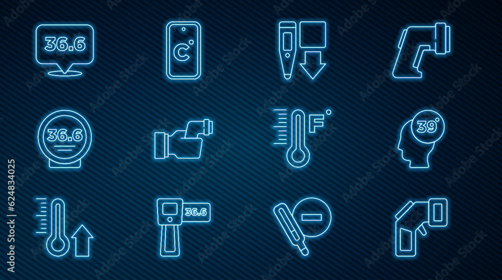 Set line Digital thermometer, High human body temperature, Checking, Medical, Meteorology and Celsius icon. Vector Set line Digital thermometer, High human body temperature, Checking, Medical, Meteorology and Celsius icon. Vector