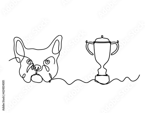 Silhouette of abstract bulldog with trophy as line drawing on white background