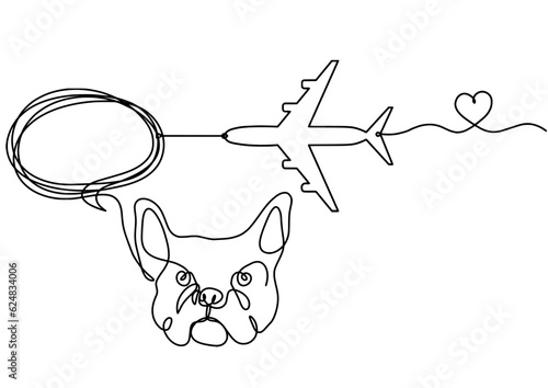 Silhouette of abstract bulldog with plane as line drawing on white background