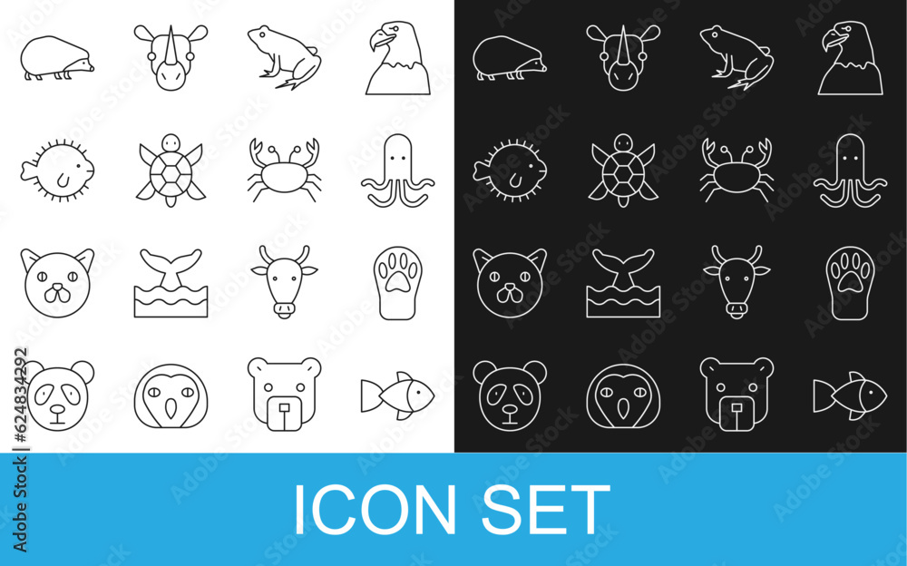 Set line Fish, Paw print, Octopus, Frog, Turtle, Puffer fish, Hedgehog and Crab icon. Vector