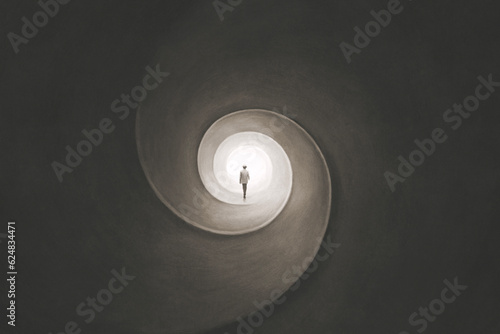 Fototapeta Illustration of man getting out of a dark spiral, surreal abstract way out conce