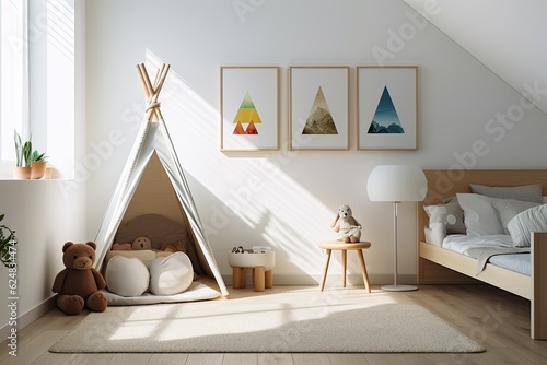 Bright and natural children's bedroom interior with wooden furniture designer equipment and a poster on a white wall