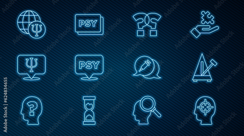 Set line Finding a problem, Metronome with pendulum, Question mark, Psychology, Psi, Addiction to the drug and icon. Vector Set line Finding a problem, Metronome with pendulum, Question mark, Psychology, Psi, Addiction to the drug and icon. Vector