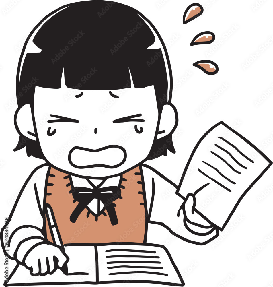 テスト前に必死に勉強する女子単色 テスト前に必死に勉強する女子単色