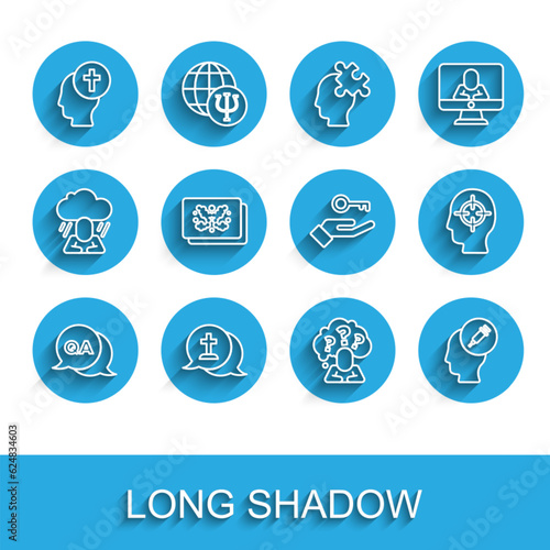 Set line Question and Answer, Graves funeral sorrow, Man graves, Head with question mark, Addiction to the drug, Rorschach test, Finding problem and Solution icon. Vector