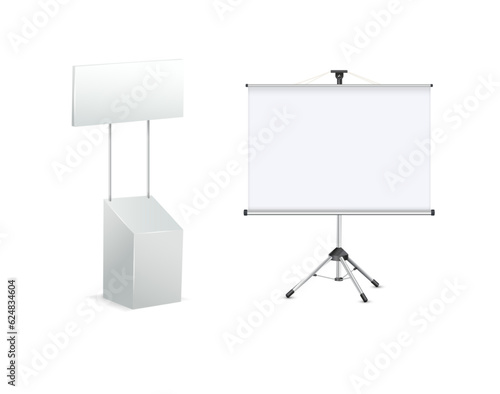 Advertising stands. Realistic modern simple, 3d promotional desk with sign top, clean empty promo tables with signboard white mockup. Vector
