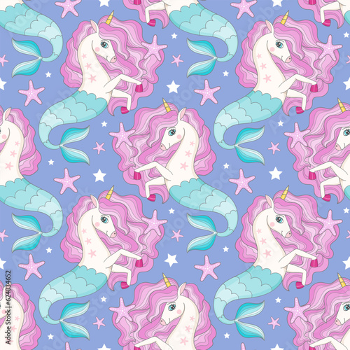 Seamless pattern with seahorses unicorns on a blue background. Vector