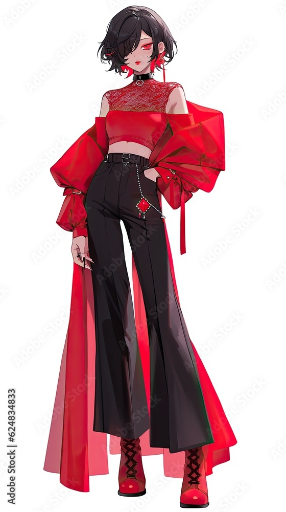 A woman in a red top and black pants. Generative AI.