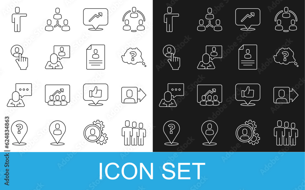 Set line Users group, Team leader, Question mark, Graph, schedule, chart, Head hunting, and Resume icon. Vector
