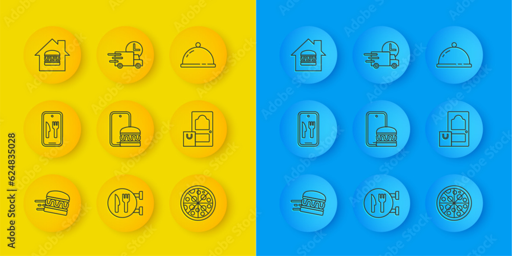 Set line Online ordering burger delivery, and, Pizza, Covered with tray of food and Fast by car icon. Vector Set line Online ordering burger delivery, and, Pizza, Covered with tray of food and Fast by car icon. Vector