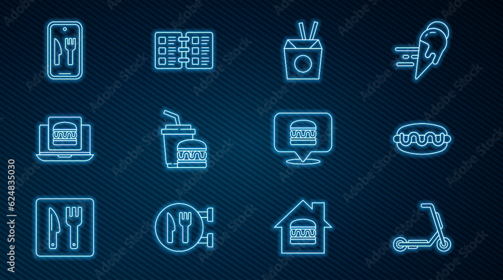 Set line Scooter delivery, Hotdog sandwich, Asian noodles chopsticks, Paper glass burger, Online ordering, and Restaurant cafe menu icon. Vector Set line Scooter delivery, Hotdog sandwich, Asian noodles chopsticks, Paper glass burger, Online ordering, and Restaurant cafe menu icon. Vector