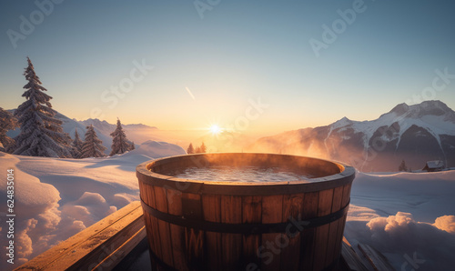 heißer Hottub in den Bergen Badespaß im Winter photo
