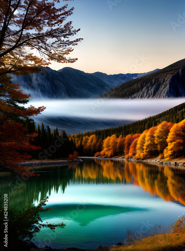 serene lake autumn hues in watercolour