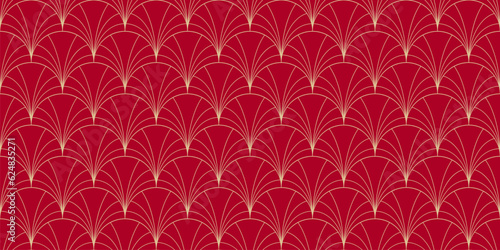 Golden art deco seamless pattern. Luxury red and gold vector geometric linear texture with curved lines, fish scale ornament, peacock pattern, grid. Elegant abstract background. Asian style design