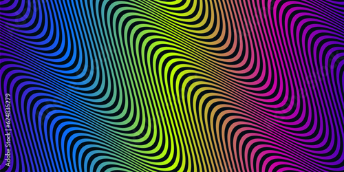Diagonal curved wavy lines background. Vector seamless pattern with colorful neon waves, stripes. Dynamical 3D effect, illusion of movement, optical art. Modern abstract sport style texture design