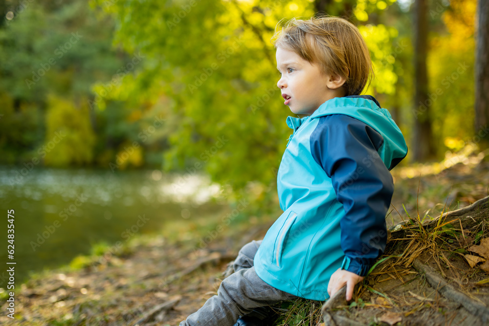 Adorable toddler boy having fun by the Gela lake on sunny fall day. Child exploring nature on autumn day in Vilnius, Lithuania. Adorable toddler boy having fun by the Gela lake on sunny fall day. Child exploring nature on autumn day in Vilnius, Lithuania.