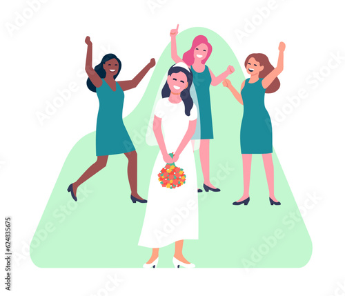 Bride throwing bouquet at wedding ceremony. Bridesmaids catching flowers. Marriage ritual. Romantic tradition. Holiday celebration. Friends group. Newlyweds congratulation. Vector concept