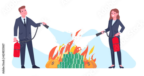 Businessmen extinguish burning money. Man and woman with fire extinguishers. Crisis and financial inflation. Banknotes stack in flame. Business failure and bankruptcy. Vector concept
