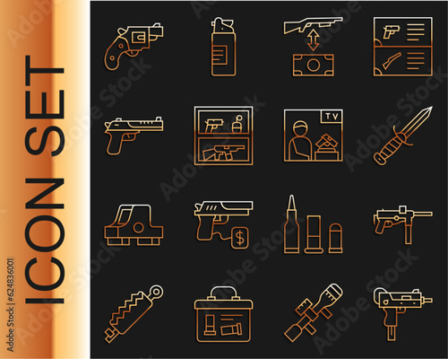 Set line UZI submachine gun, Submachine M3, Military knife, Buying assault rifle, Hunting shop weapon, Desert eagle, Small revolver and Advertising icon. Vector
