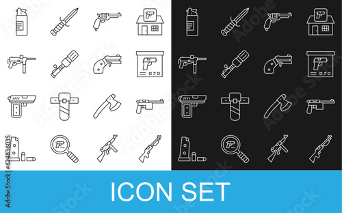 Set line Hunting gun, Mauser, Military ammunition box, Revolver, Anti-tank hand grenade, Submachine M3, Weapons oil bottle and Small revolver icon. Vector