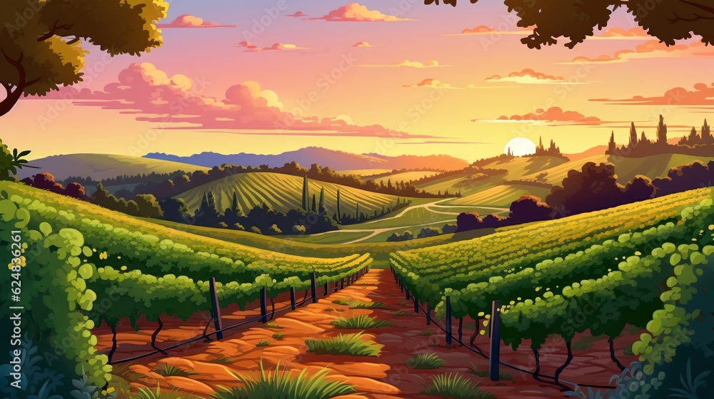 Abstract background vineyard. Enchanting banner with an illustrated vineyard against a stunning sunset background. Generative AI.
