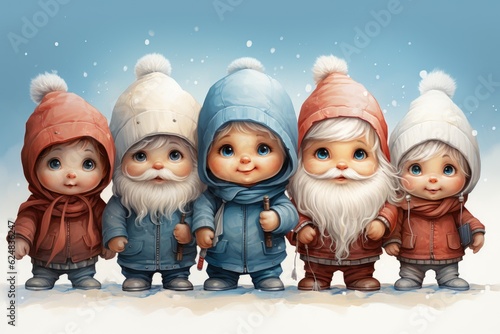 A group of little gnomes standing next to each other. Generative AI. photo